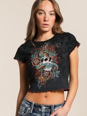 Affliction Black Cropped Graphic Skull & Rose Tee 100% cotton